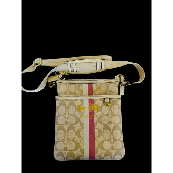 COACH Crossbody Purse Signature Beige-Pink  Stripe Bag L0873-42385 Pre-owned - Picture 1 of 16